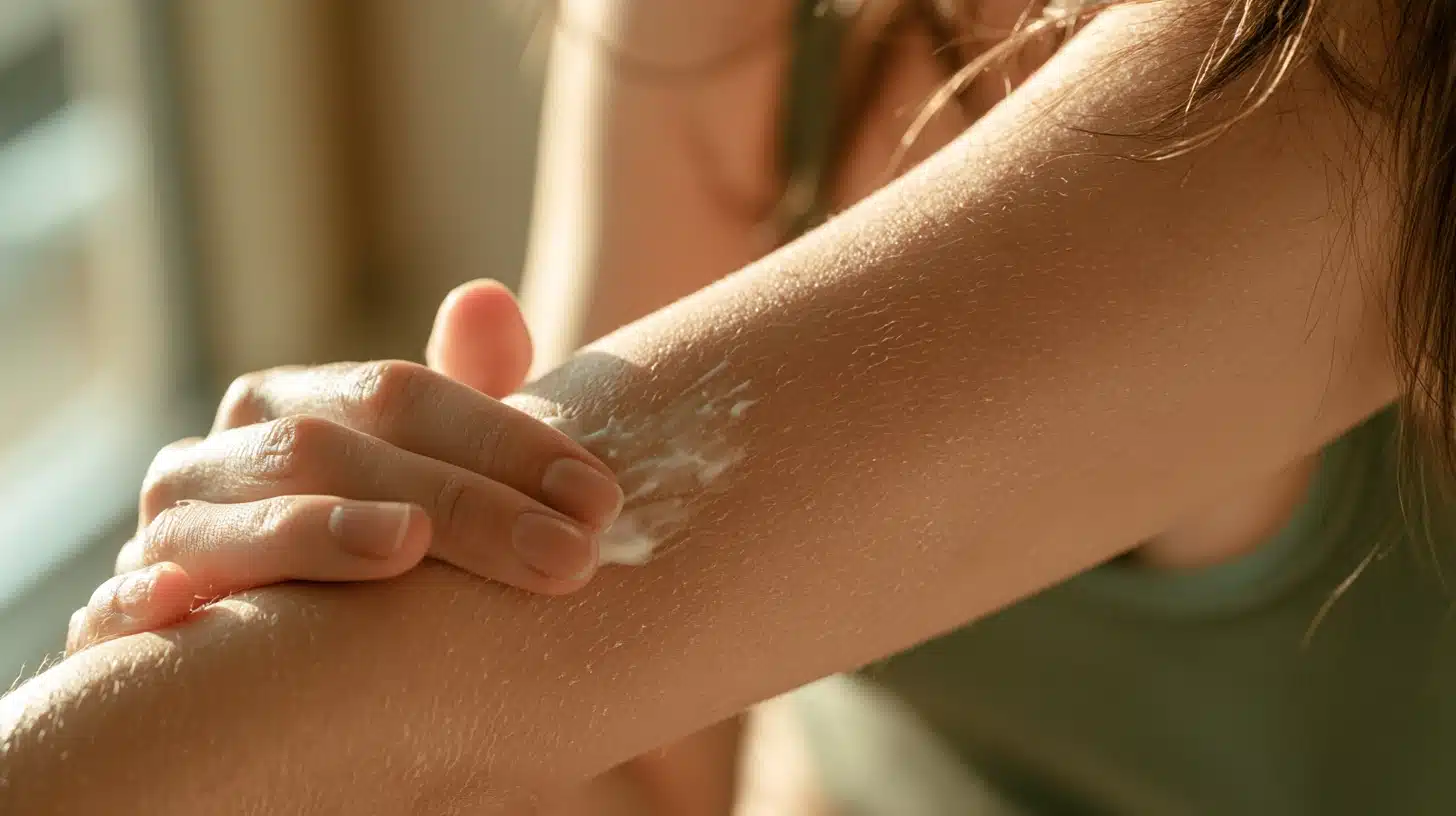 Close up of a person applying cum to dry forearm skin in soft natural daylight with visible skin texture