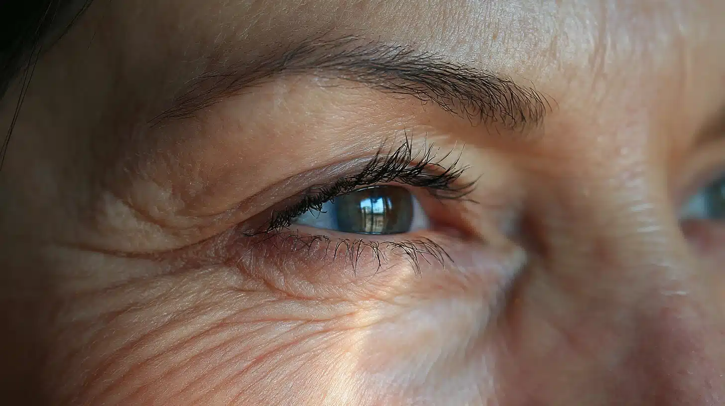 Close up of natural crow's feet and fine lines around one eye in soft daylight with skin texture