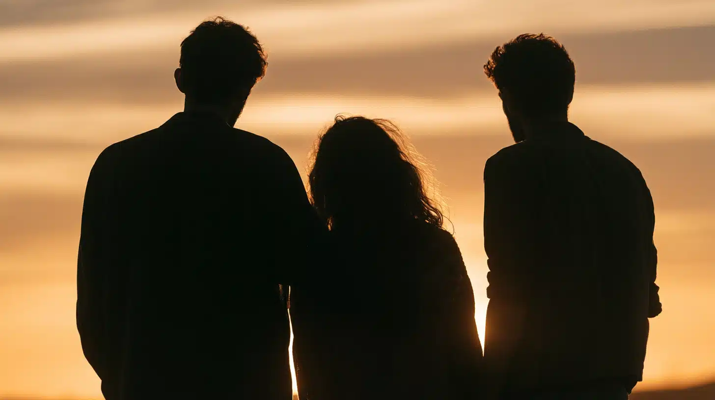 Silhouette of three adults one women in between two men standing together at sunset, golden sky.