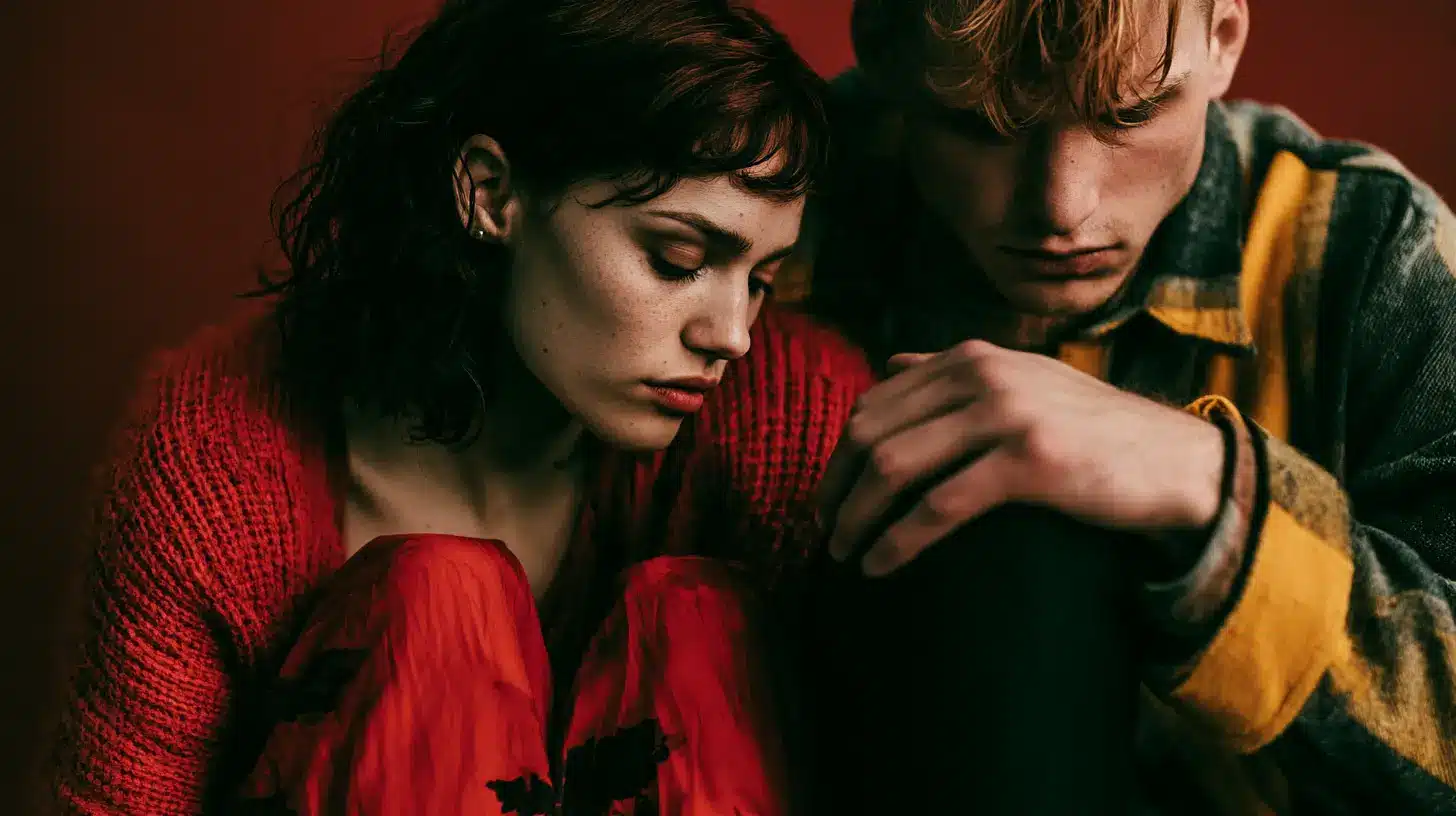 A man and woman seated together against a vibrant red background, both seem distressed, unhappy and there is something wrong.
