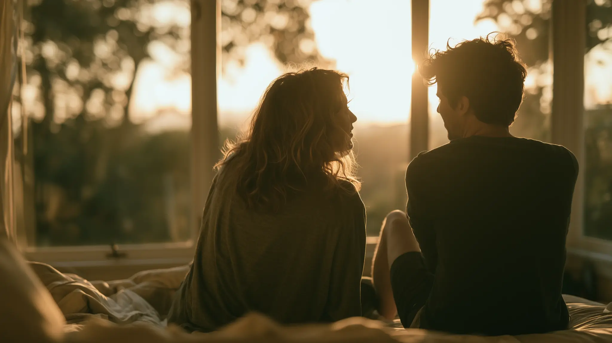 a man and woman sit on a bed, looking at each other with soft light with their loving expressions