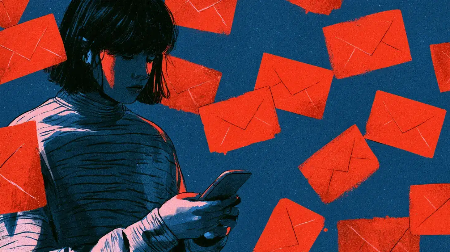 A girl waiting for a reply, lots of texts have been sent, red and blue aesthetic.