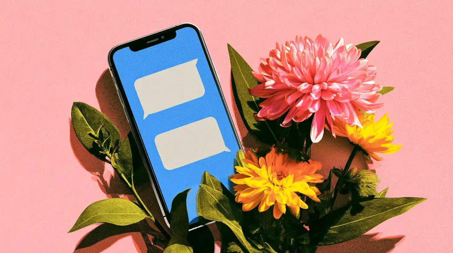 Phone with flowers in background, pink wallpaper