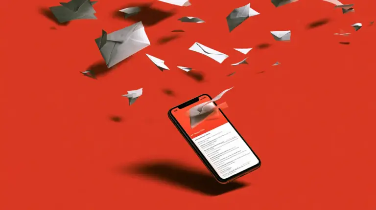 Red background with a phone and lots of messages as envelopes shown.
