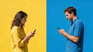 Young woman and man on split yellow and blue background texting on their phones after matching on Hinge