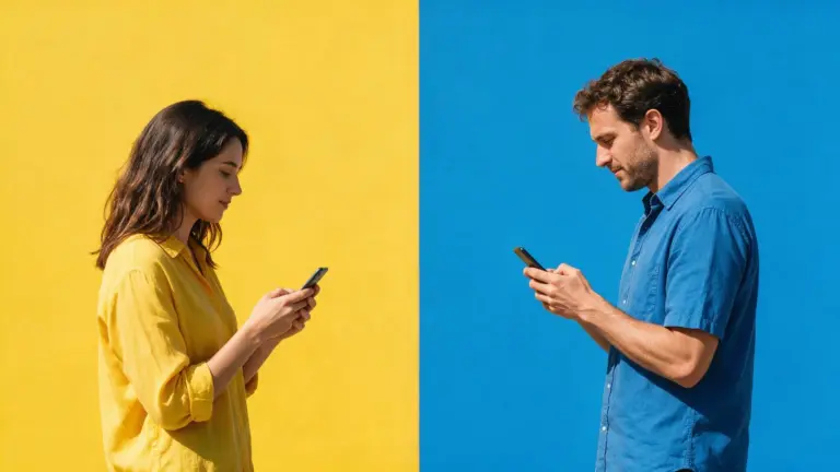 Young woman and man on split yellow and blue background texting on their phones after matching on Hinge