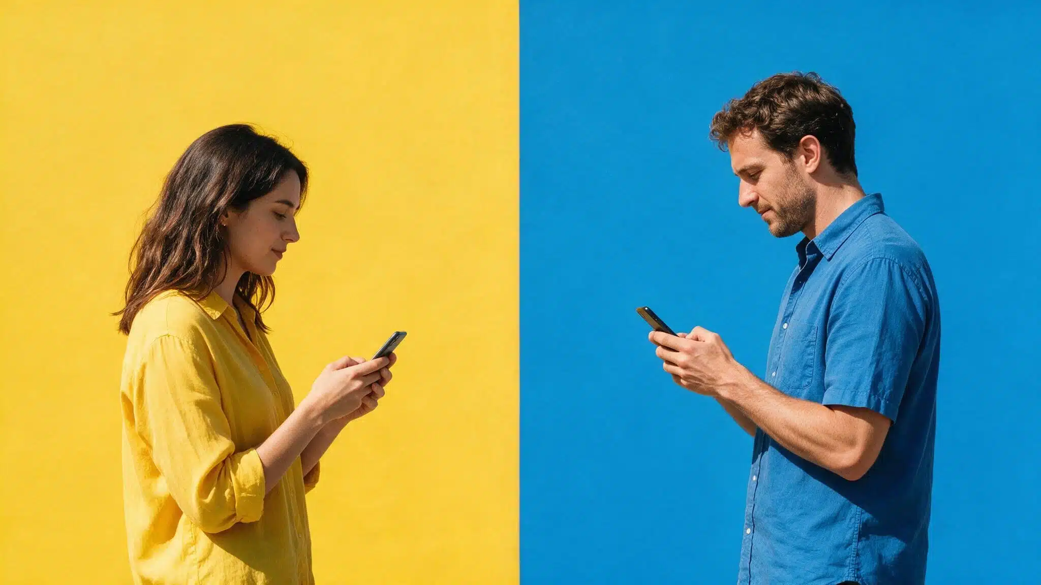 Young woman and man on split yellow and blue background texting on their phones after matching on Hinge