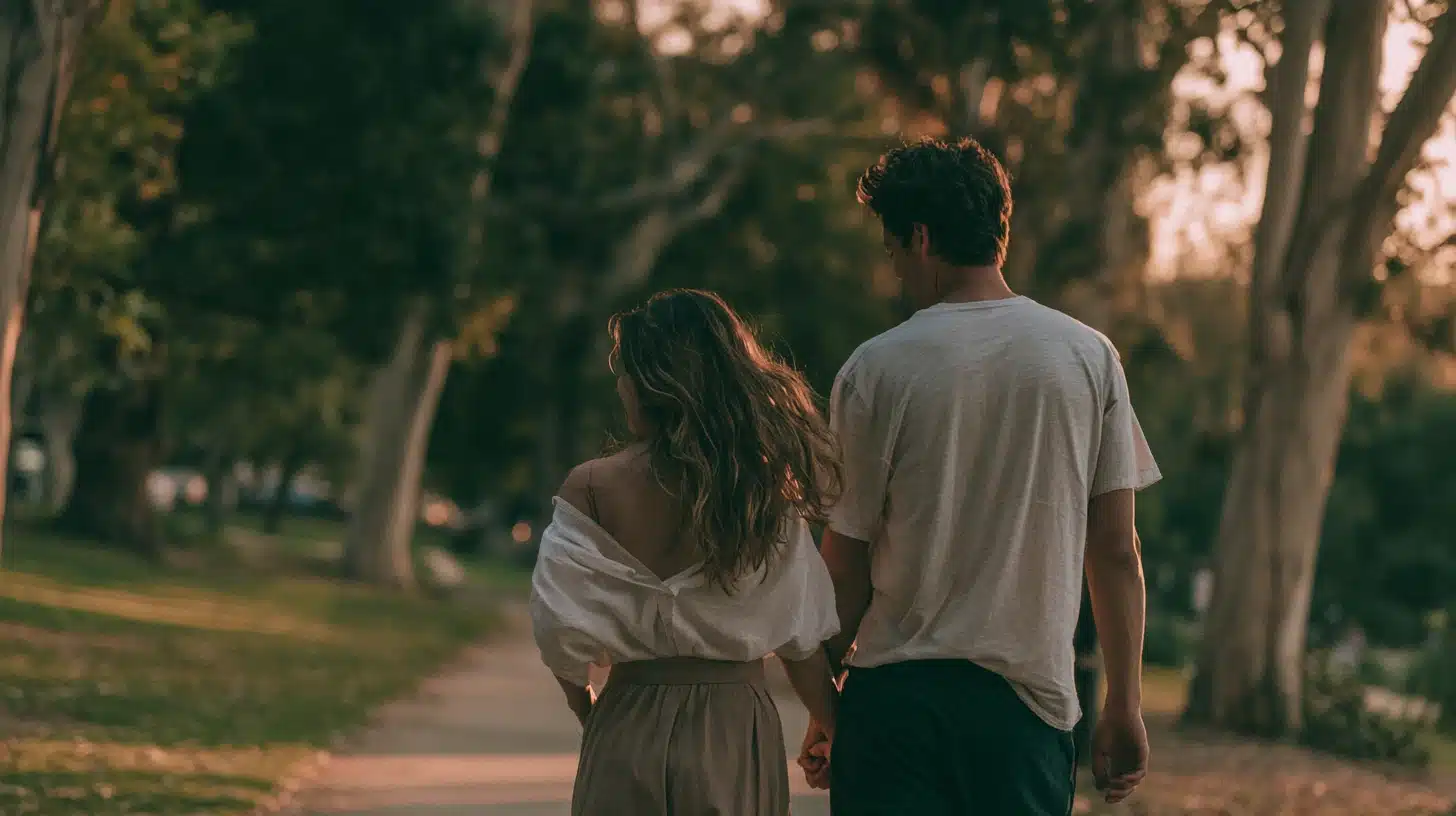 couple walking hand in hand on a date through a peaceful park at sunset with faces turned away and warm evening light