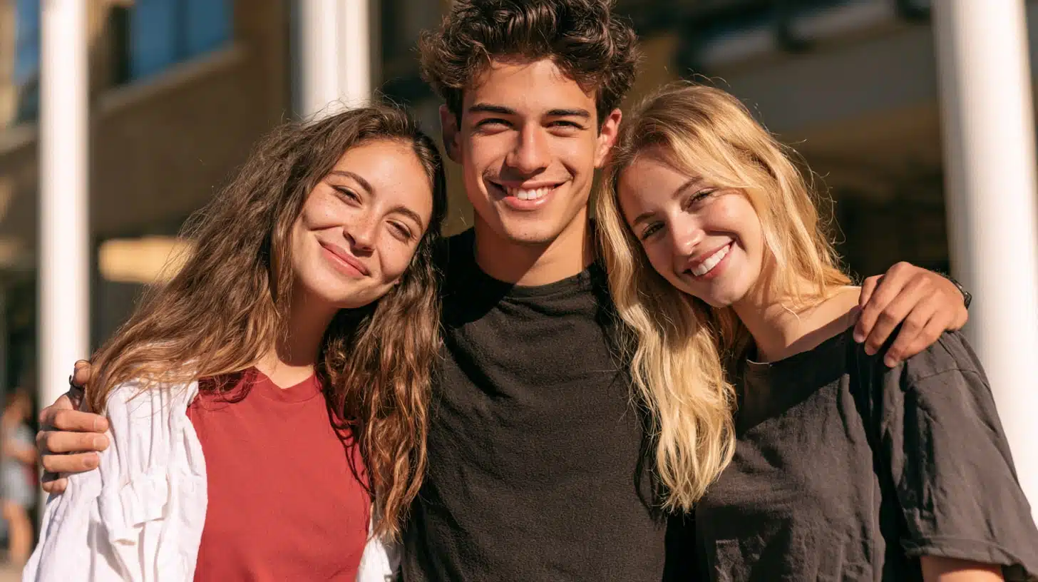 Three young individuals smiling and posing together for a photo, showcasing a joyful moment.