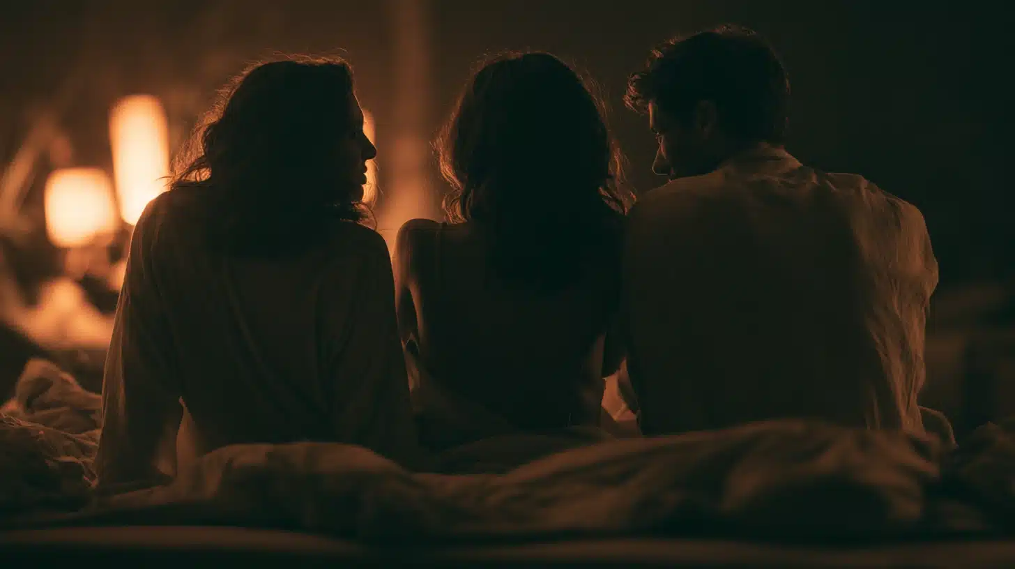 Three adults sitting on a bed from behind in a dim bedroom talking quietly under warm bedside lamp lighting together.