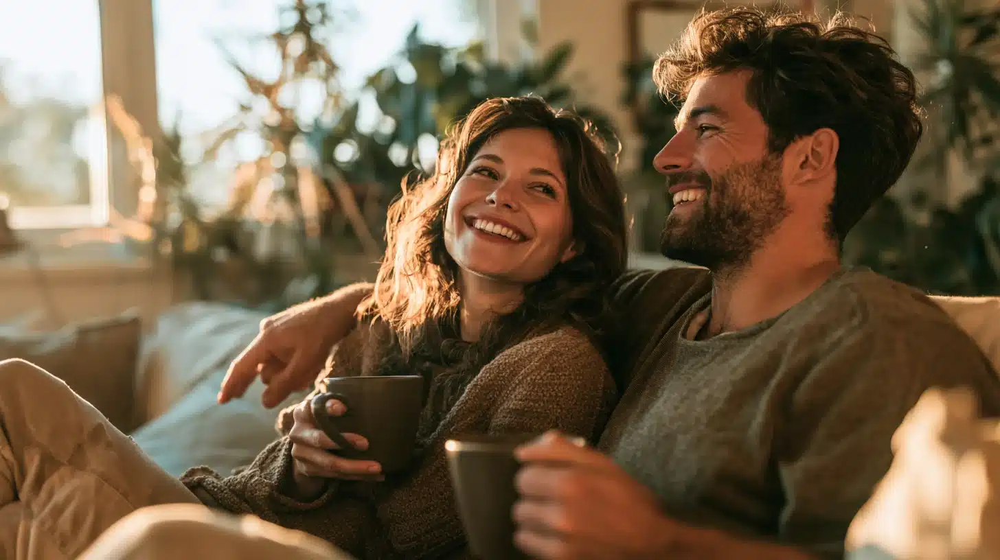 Happy couple relaxing on a cozy sofa holding coffee mugs smiling at each other in a warm living room showing emotional connection and how to improve intimacy in a healthy relationship