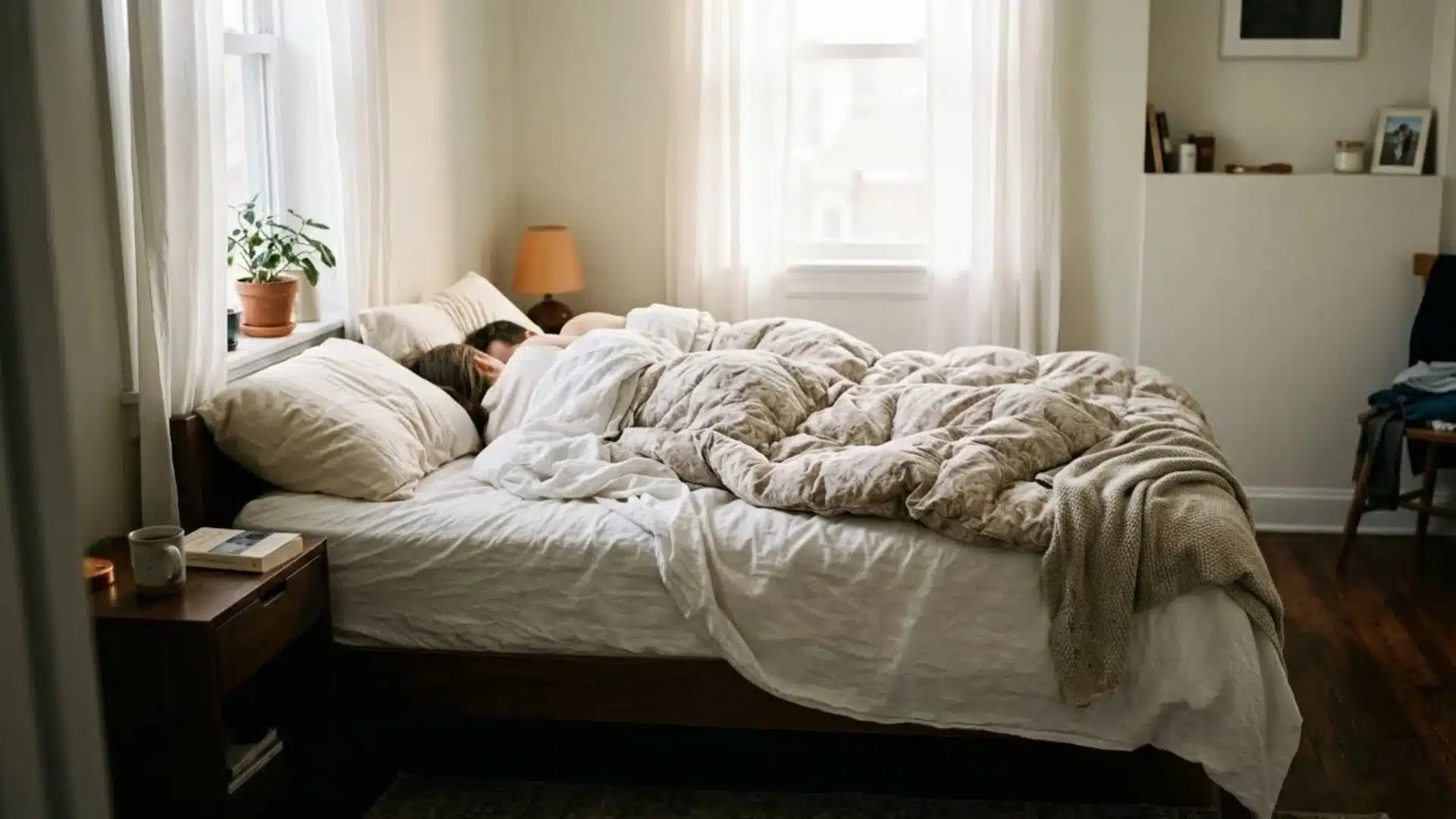 A man and woman lies asleep in a bed enveloped in a soft white comforter exuding tranquility