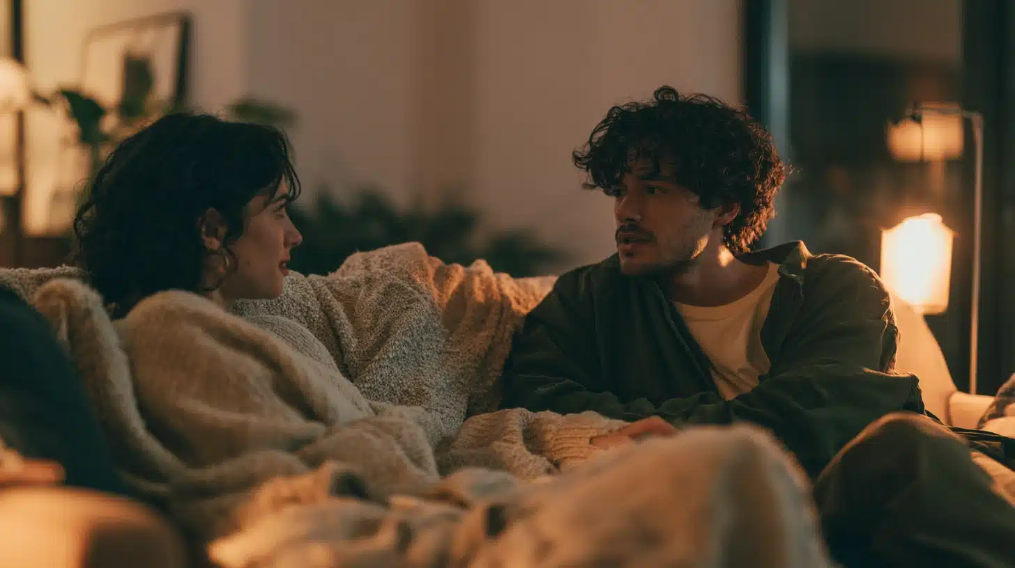 A man and woman relax on a couch, having conversation in a cozy living room setting.