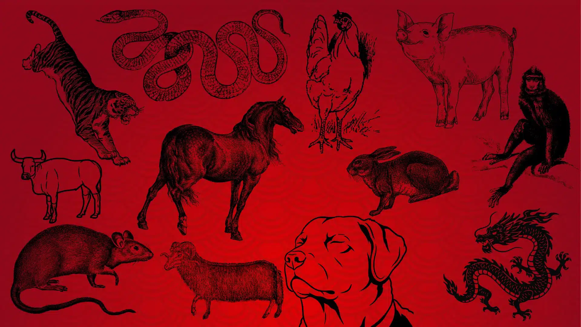 Illustrations showing the twelve Chinese Zodiac signs, rat, ox, tiger, rabbit, dragon, snake, horse, goat, monkey, rooster, dog, and pig