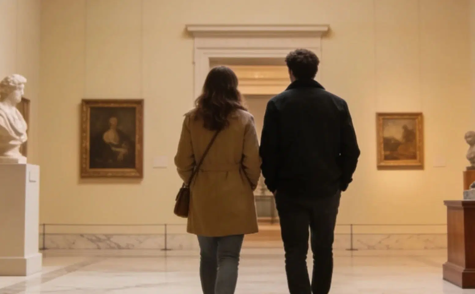 A man and woman walk together in a museum, engaged in conversation while observing the exhibits around them.