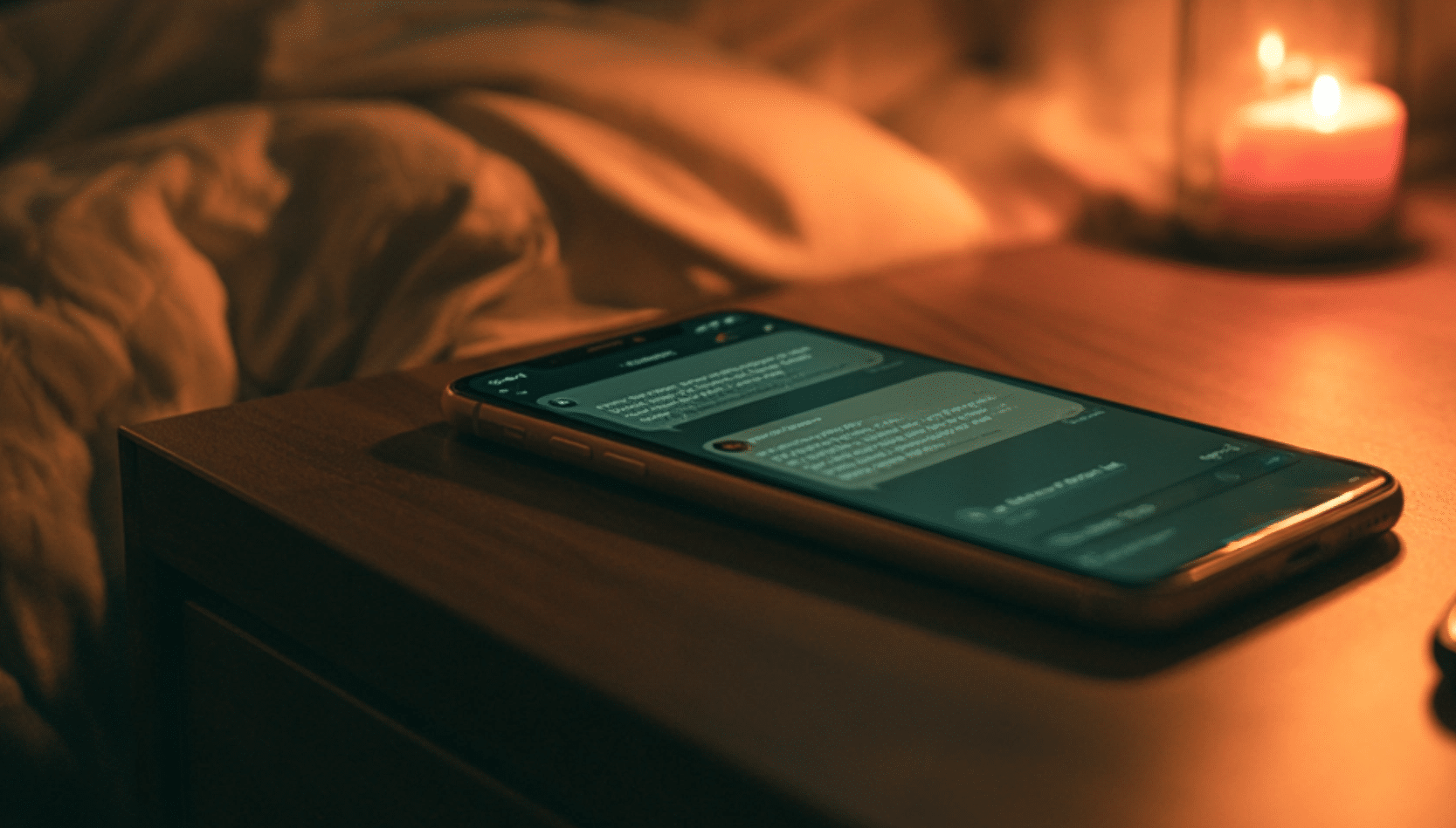 A smartphone rests on a wooden nightstand next to a glowing candle in a dimly lit bedroom with unmade bedding.