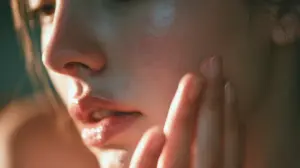 Close-up of healthy facial skin with a hand gently touching the cheek in warm natural daylight with realistic texture
