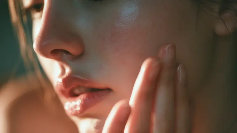 Close-up of healthy facial skin with a hand gently touching the cheek in warm natural daylight with realistic texture