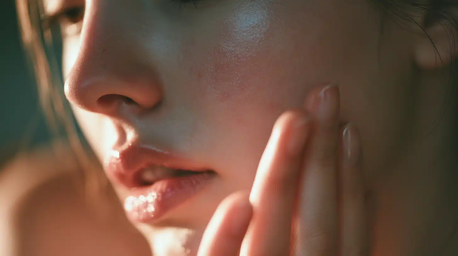 Close-up of healthy facial skin with a hand gently touching the cheek in warm natural daylight with realistic texture
