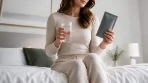 A woman sits on a bed holding a tablet in one hand and a glass of water in the other looking focused.