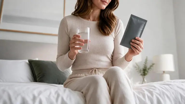 A woman sits on a bed holding a tablet in one hand and a glass of water in the other looking focused.