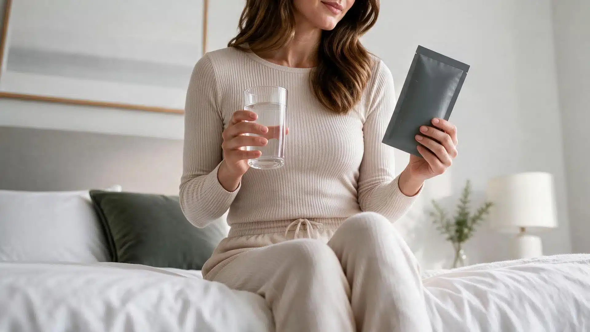 A woman sits on a bed holding a tablet in one hand and a glass of water in the other looking focused.