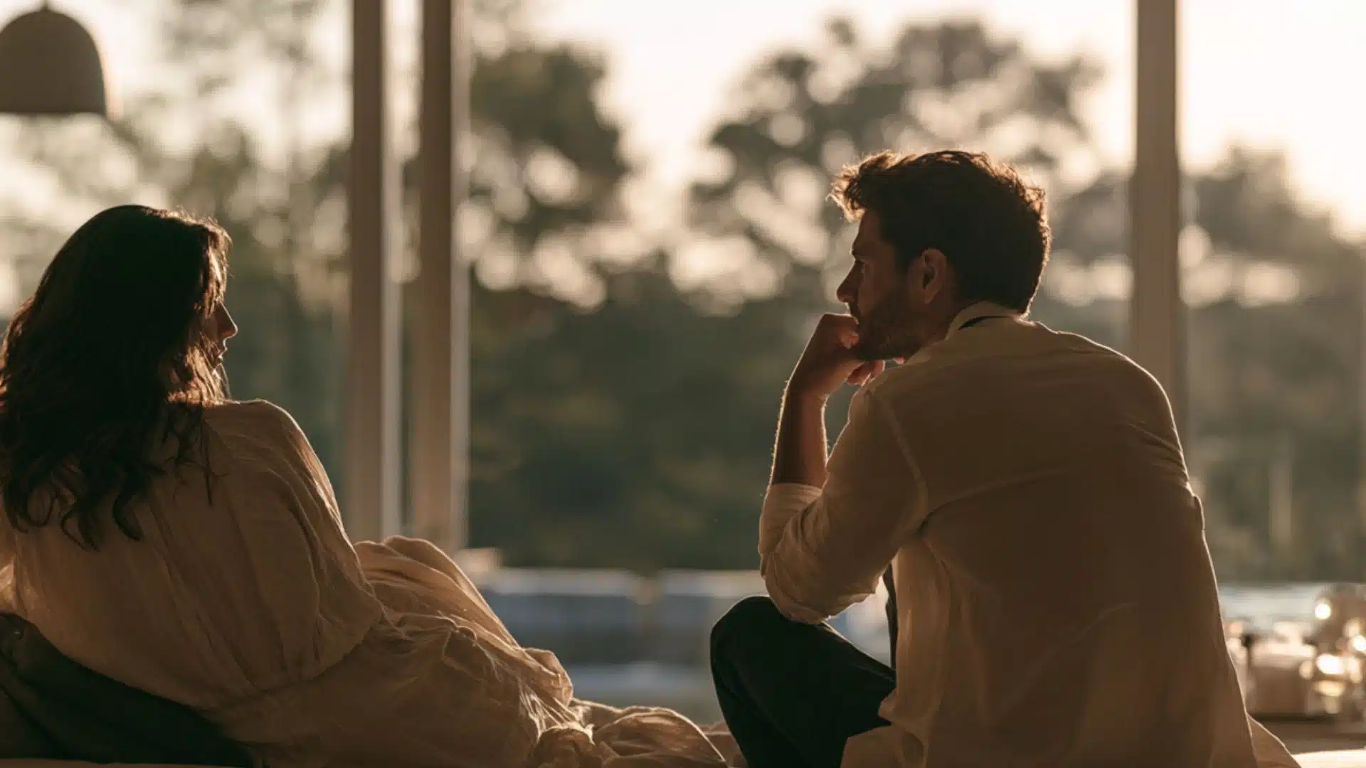 A couple sits facing each other in warm evening light beside large windows overlooking trees.