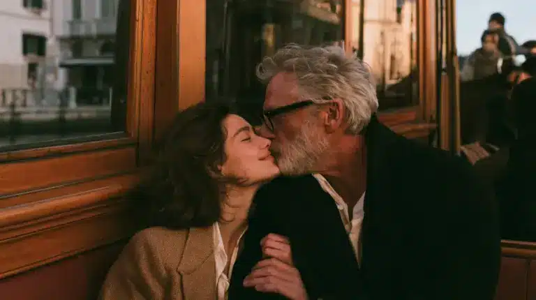 An age gap couple sitting in a cafe, talking, warm lighting with a cozy vibe.