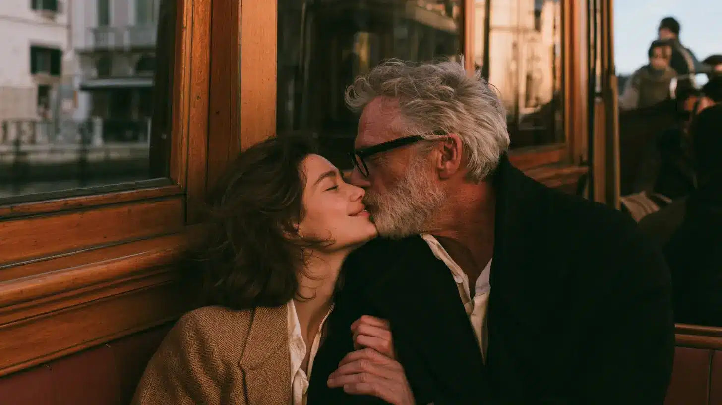 An age gap couple sitting in a cafe, talking, warm lighting with a cozy vibe.