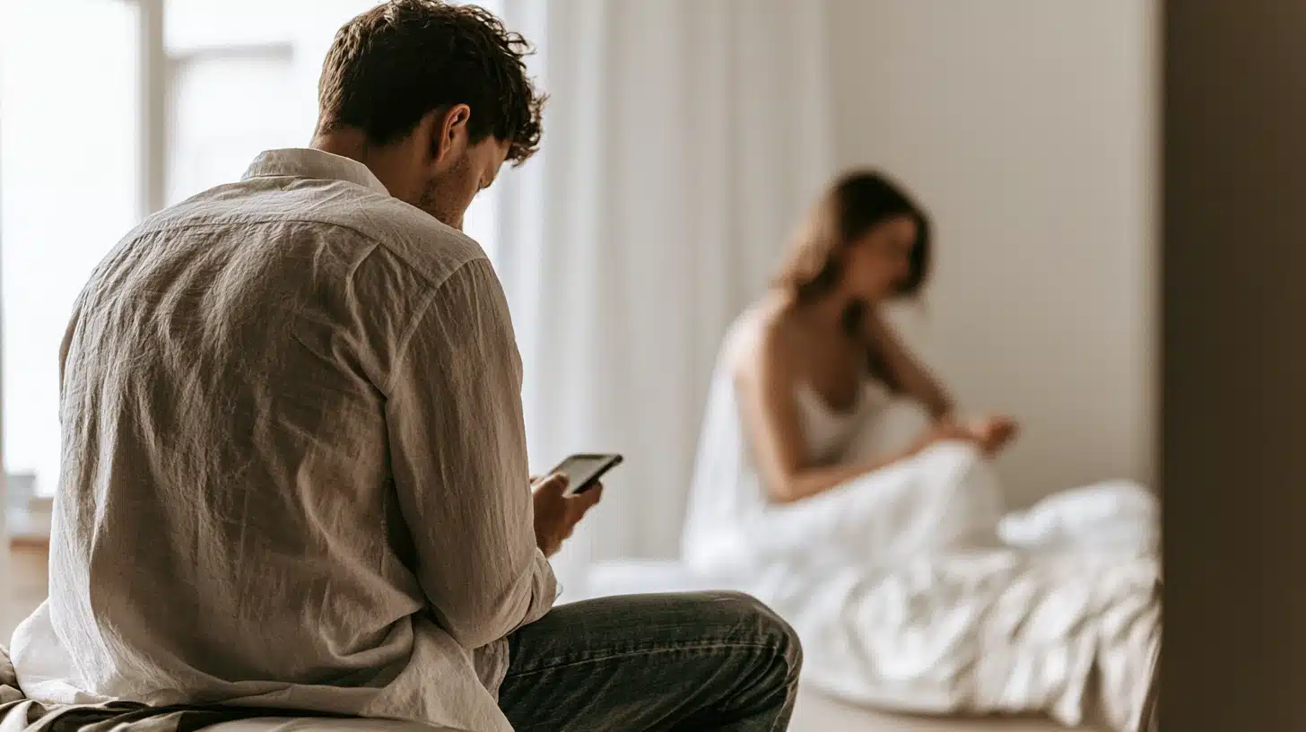 Man sitting on the edge of a bed looks at his phone while a woman sits blurred in the background beneath white bedding.