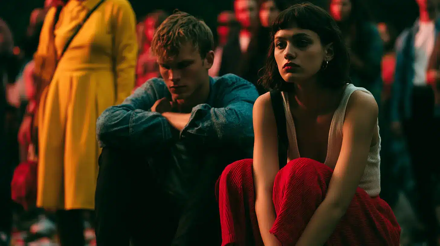 A man and woman sit on the ground, facing a vast, silent crowd of people gathered tightly right around them.