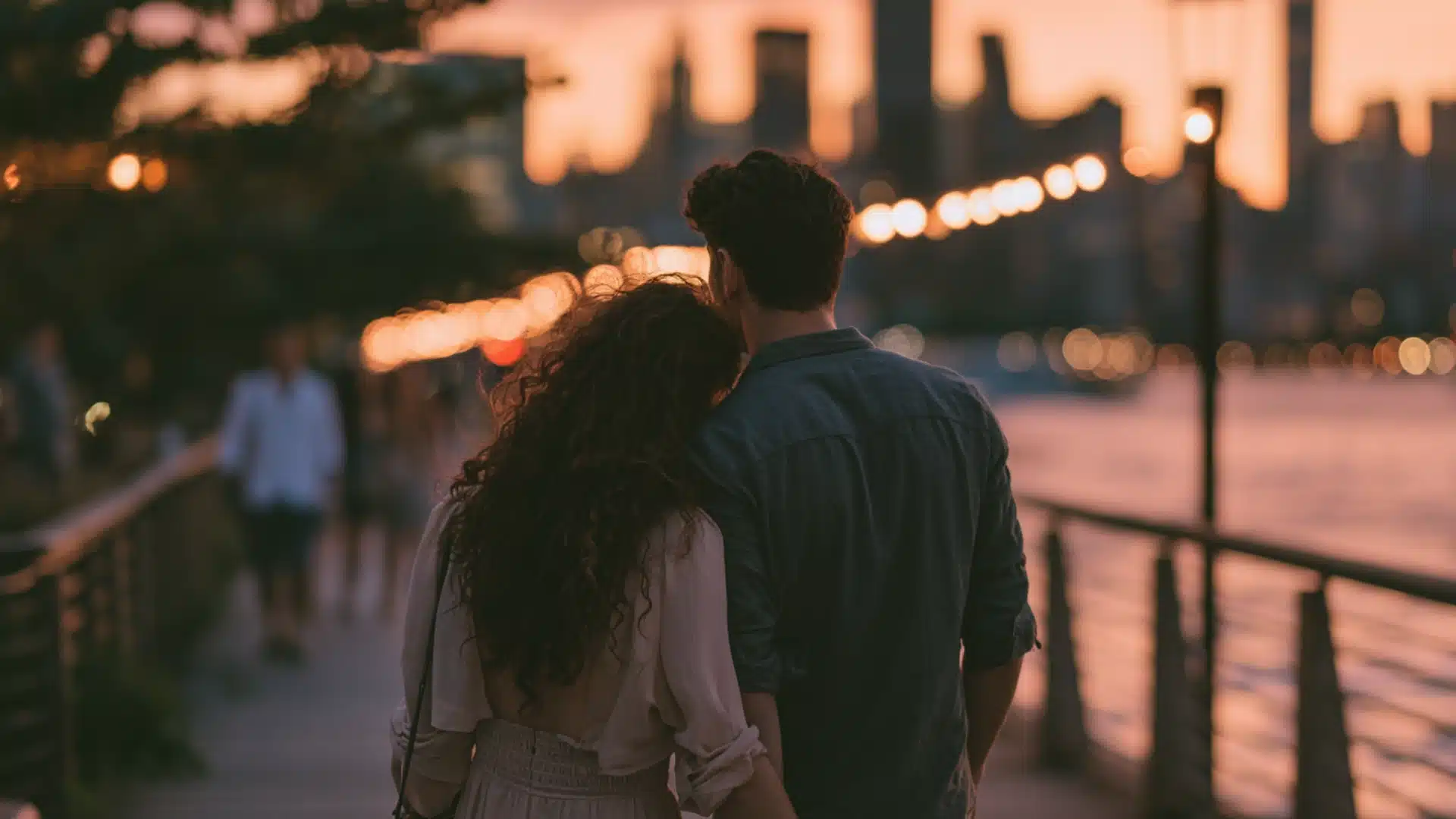 couple on a date walking along a waterfront at sunset with city lights behind them and faces turned away naturally