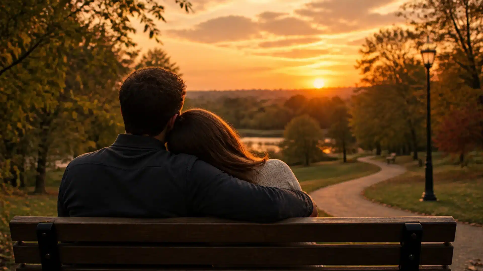 A couple sit on a bench, silhouetted against a vibrant sunset sky, creating a serene and romantic atmosphere.