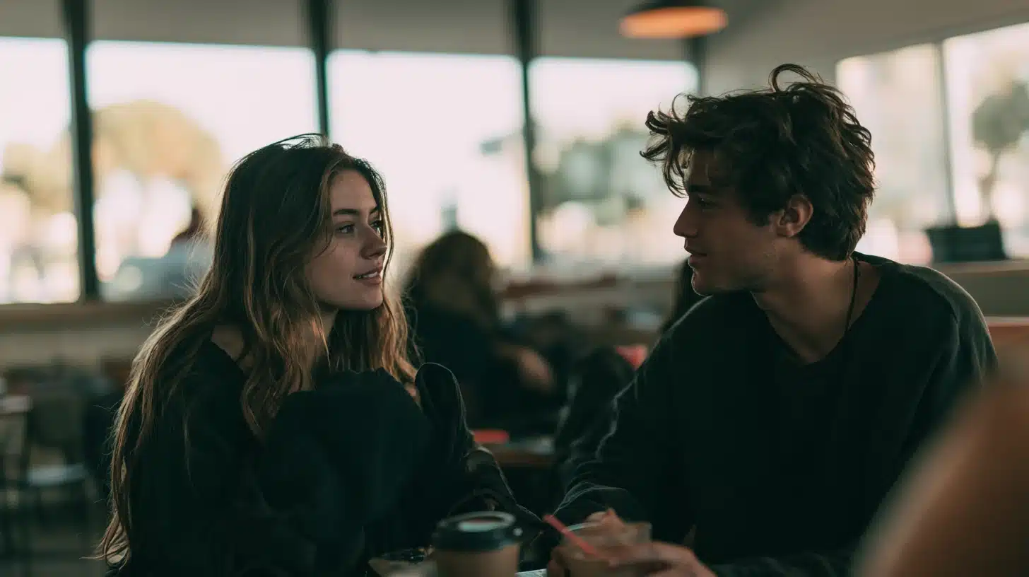 Woman and man talking over coffee during a first date in a bright cafe sharing a genuine conversation