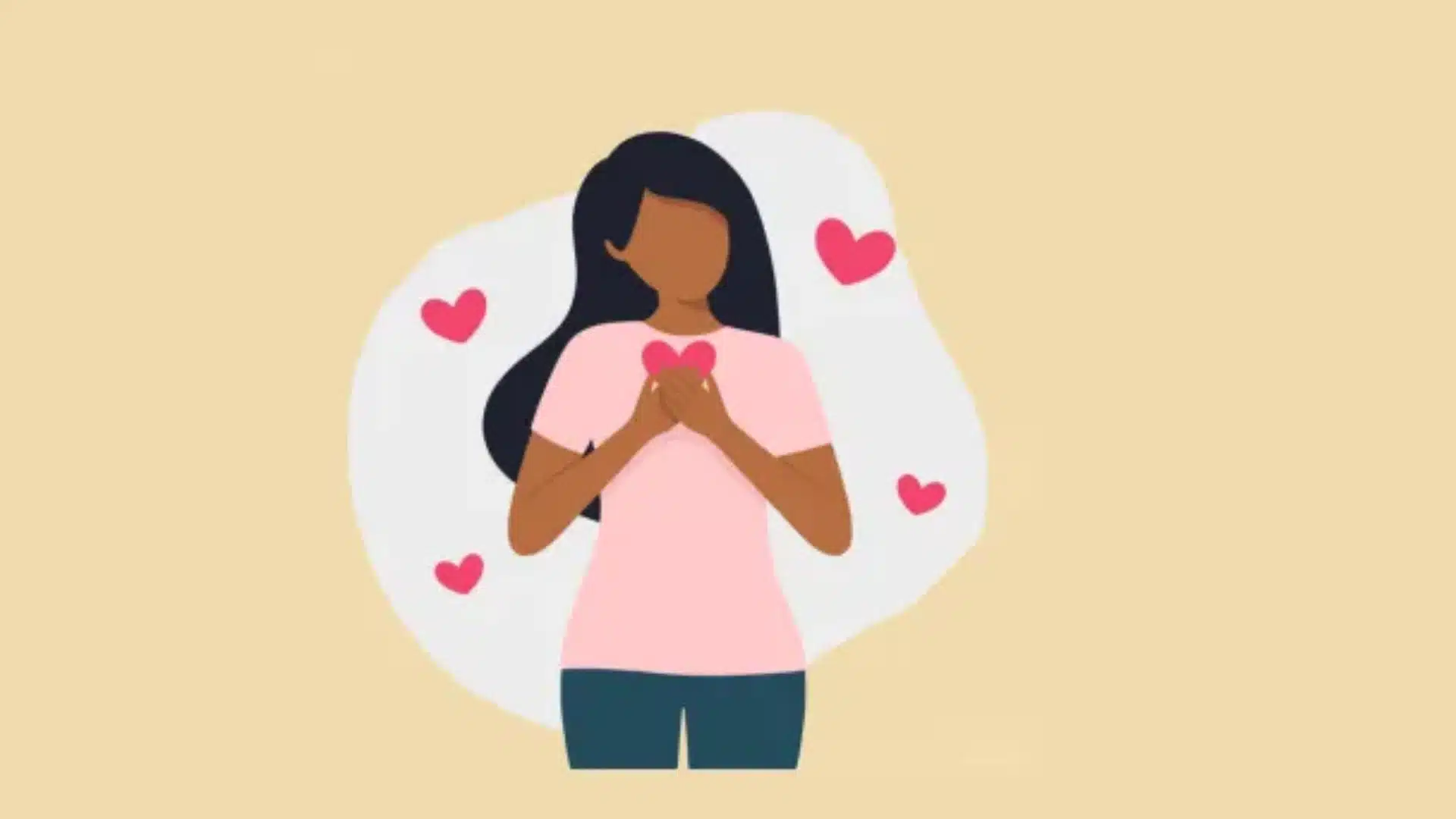 Woman holding a heart close to her chest with small hearts around her representing self love confidence healthy dating and emotional wellbeing