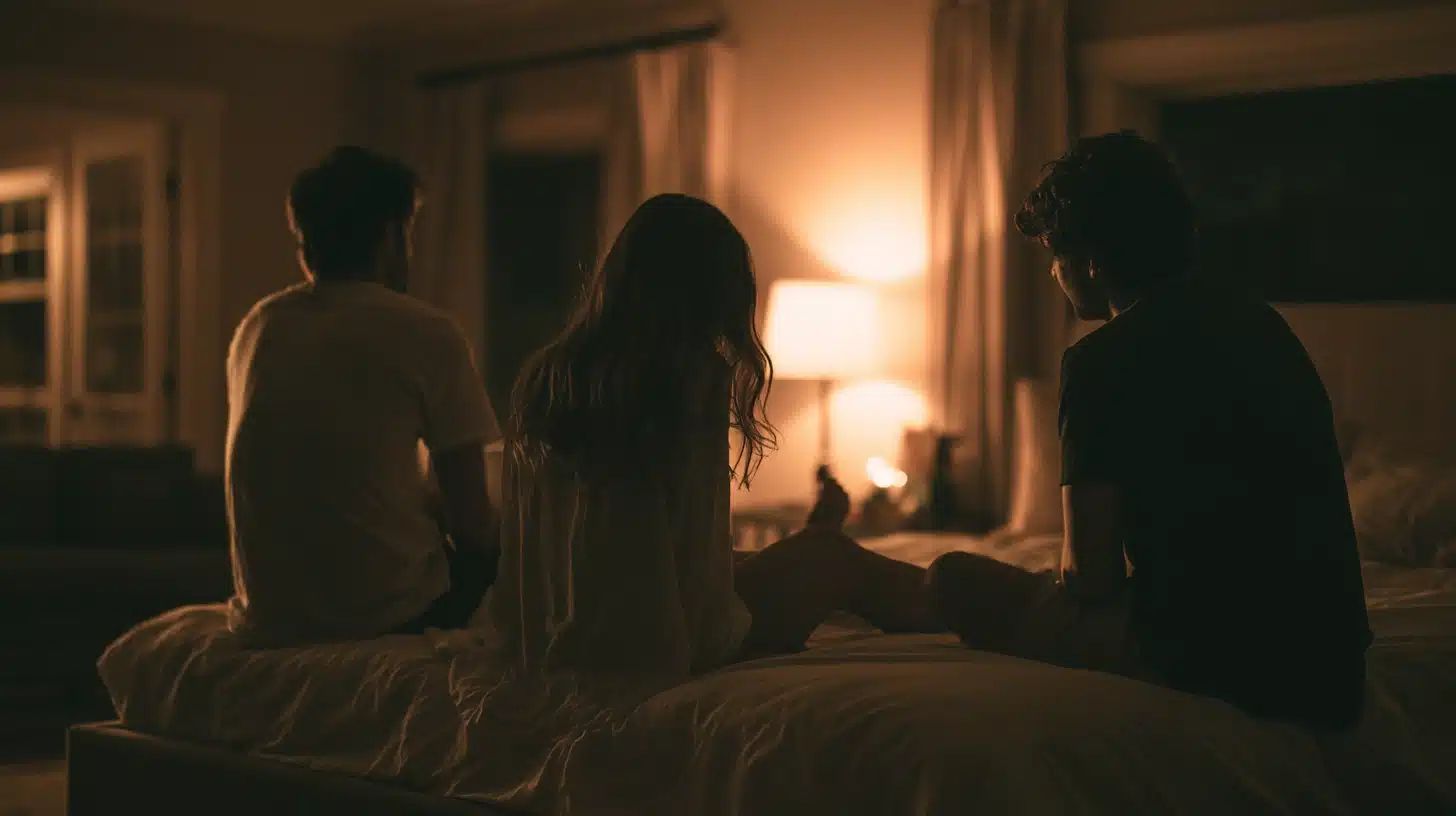 three adults sitting on a bed from behind in a dim bedroom having a quiet conversation under warm bedside lighting