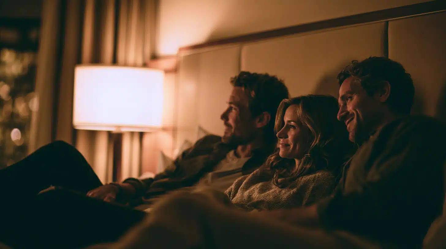 three adults sitting together on a bed in a dim bedroom smiling under warm bedside lighting creating a calm intimate atmosphere