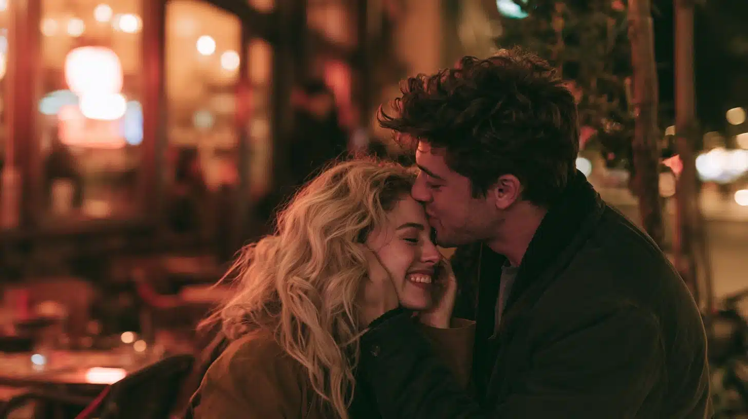 Couple sharing a warm forehead kiss outside a cozy cafe at night smiling with genuine affection before saying goodbye