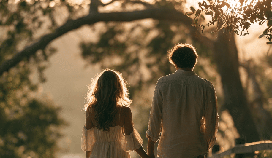 Two individuals stroll together through a serene forest, holding hands amidst the vibrant foliage.