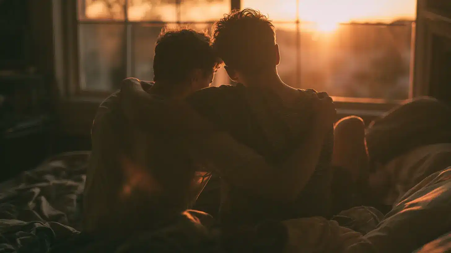 Two men embracing while sitting together on a bed at sunset showing emotional intimacy trust comfort and a close romantic relationship