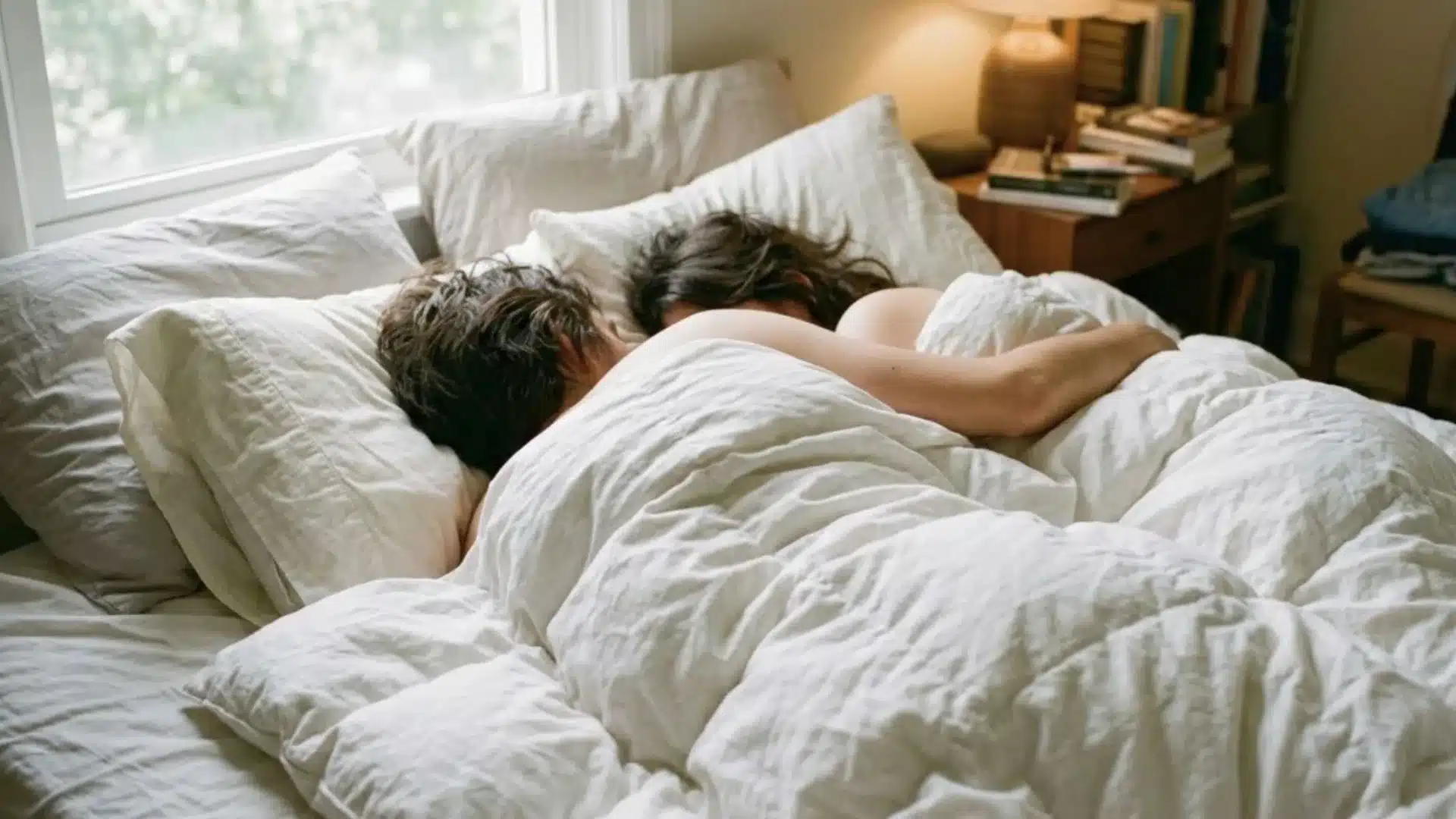 Two people sleep under a white duvet in a cozy bedroom lit by daylight and a bedside lamp.