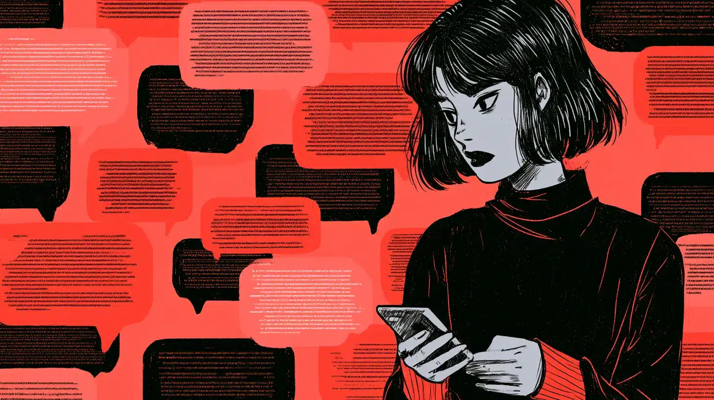 Red and black aesthetic drawing, unanswered texts, a girl looks sad.