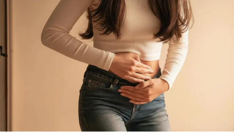 Person in a white top and jeans holding their abdomen, suggesting stomach pain or discomfort.