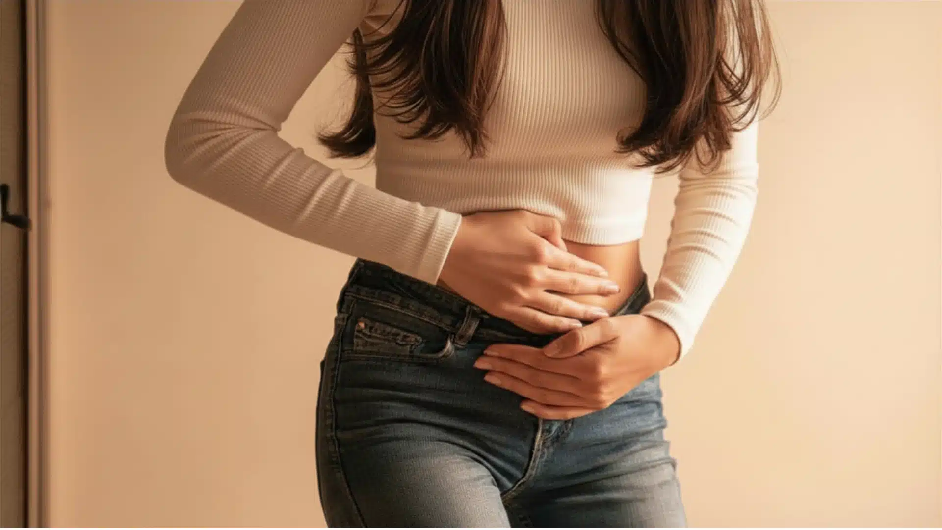 Person in a white top and jeans holding their abdomen, suggesting stomach pain or discomfort.