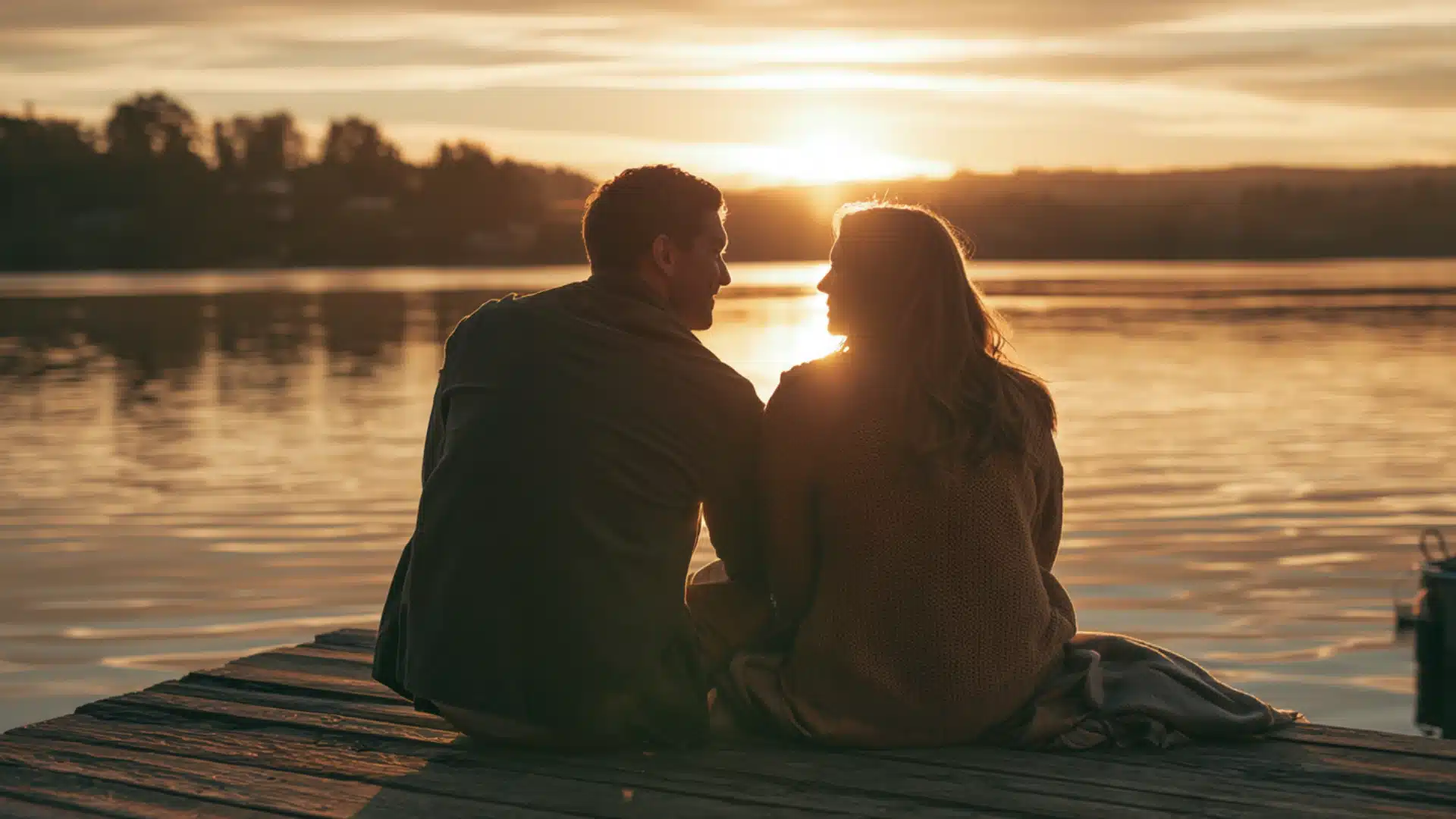 A couple sits on a dock, silhouetted against a vibrant sunset, creating a romantic and serene atmosphere.