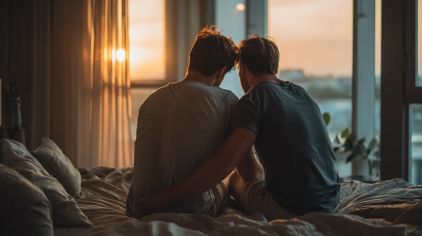 Two men sitting together on a bed at sunset embracing while looking out a window in a quiet intimate bedroom setting