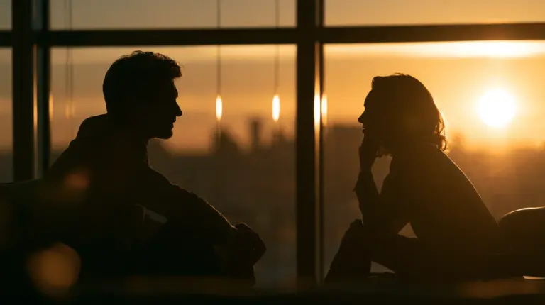 Silhouette of a man and woman sitting across from each other by a large floor-to-ceiling window at sunset, engaged in a quiet conversation.