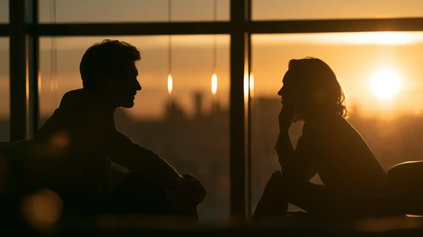 Silhouette of a man and woman sitting across from each other by a large floor-to-ceiling window at sunset, engaged in a quiet conversation.