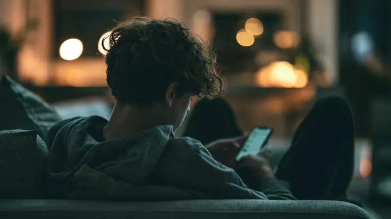 A teenage boy sitting on a couch, intensely scrolling his smartphone completely absorbed in the screen.