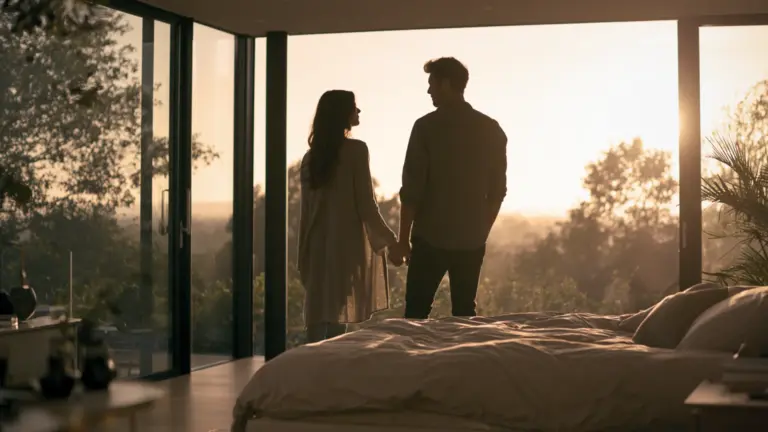 A couple stands side by side in front of a large window showcasing a bright and airy indoor setting.